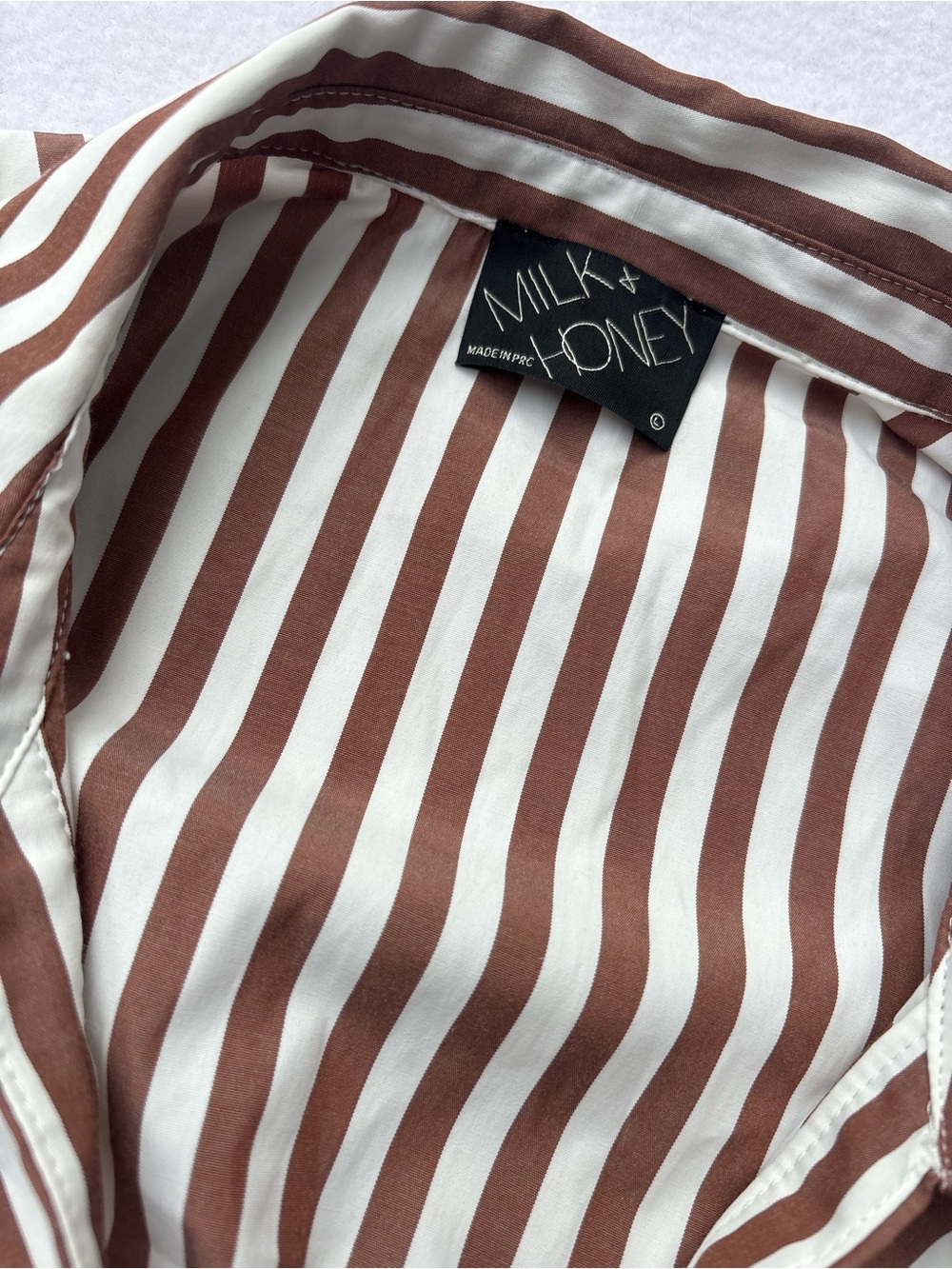 Striped Wrap Tie Blouse in Brown & White - Picture 2 of 8